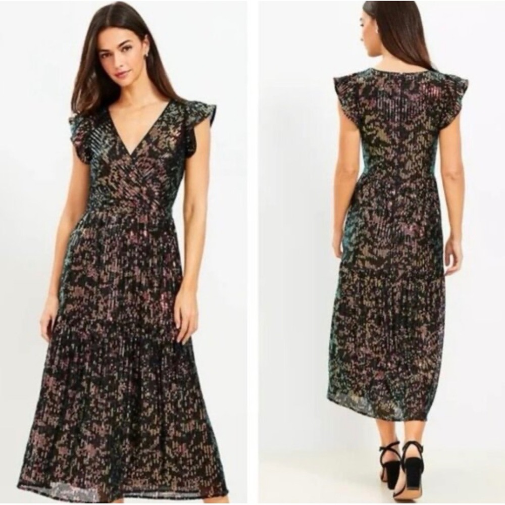 Loft Sequin Midi Dress Women 0 Black Rainbow Multicolor Faux Wrap Flutter Sleeve